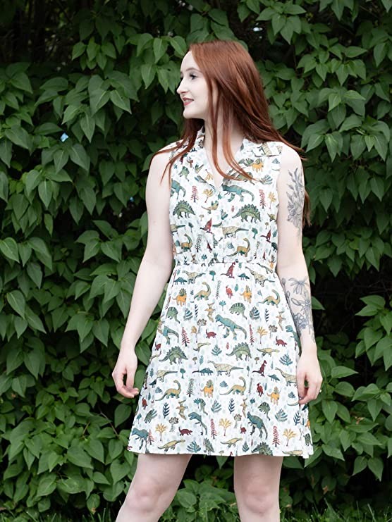 LaVieLente Custom Sleeveless Shirt Dress Lazy Dress Fox Dress Dog Dress Above Knee Length With Elastic Waist Design, Dinosaur, Small