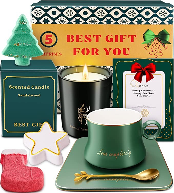 Gifts for Women Christmas, Christmas Bath Bombs Coffee Mug Candles Gift Box, Relaxing Christmas Spa Gift Baskets for Women, Stocking Stuffers for Women Unique, Girlfriend Wife Mom Gifts for Christmas
